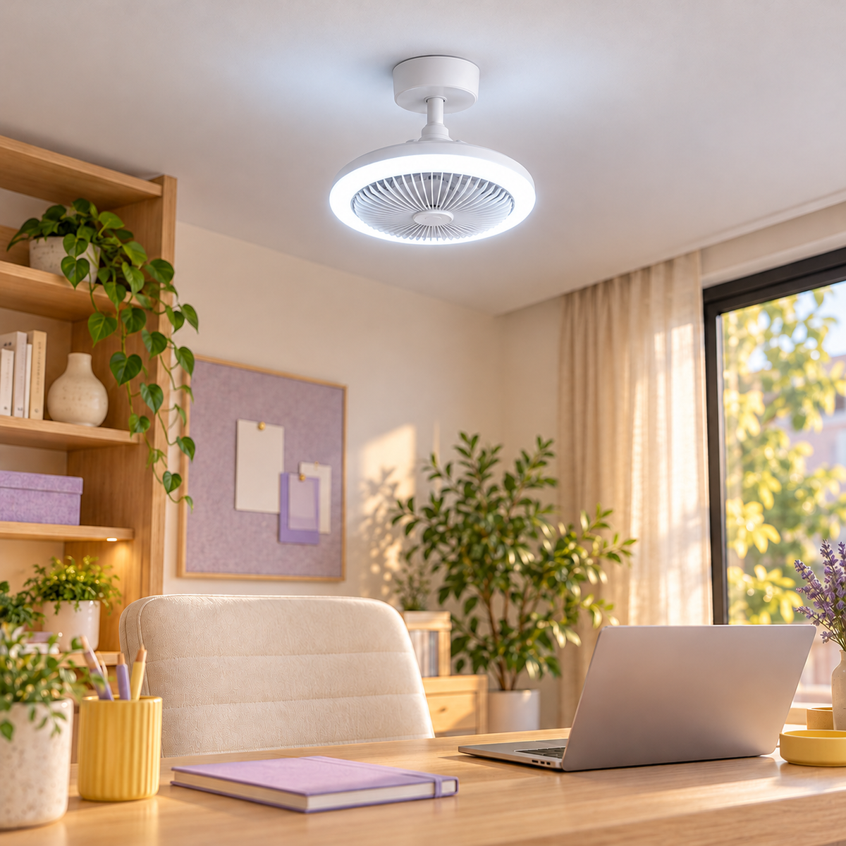 Lámpara con ventilador en estudio, luz fría; escena ilustrativa