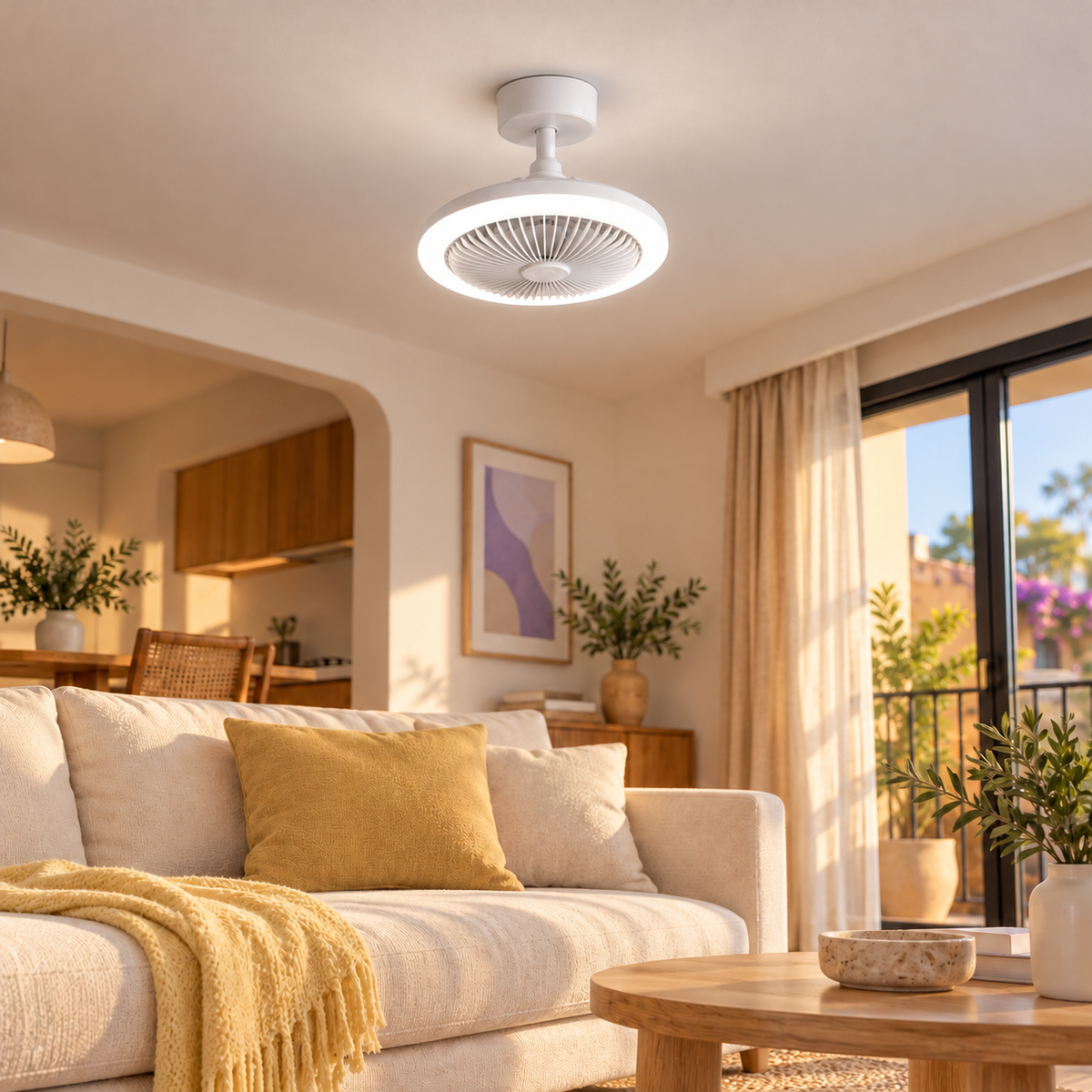 Lámpara con ventilador en sala, luz neutra; escena ilustrativa