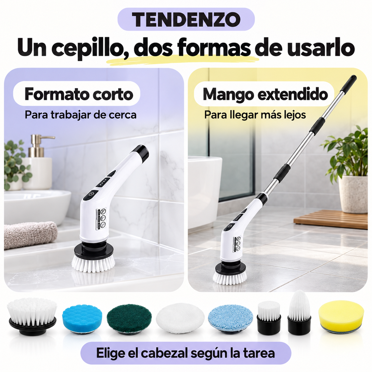 Cepillo eléctrico TENDENZO en formato corto y con mango extendido