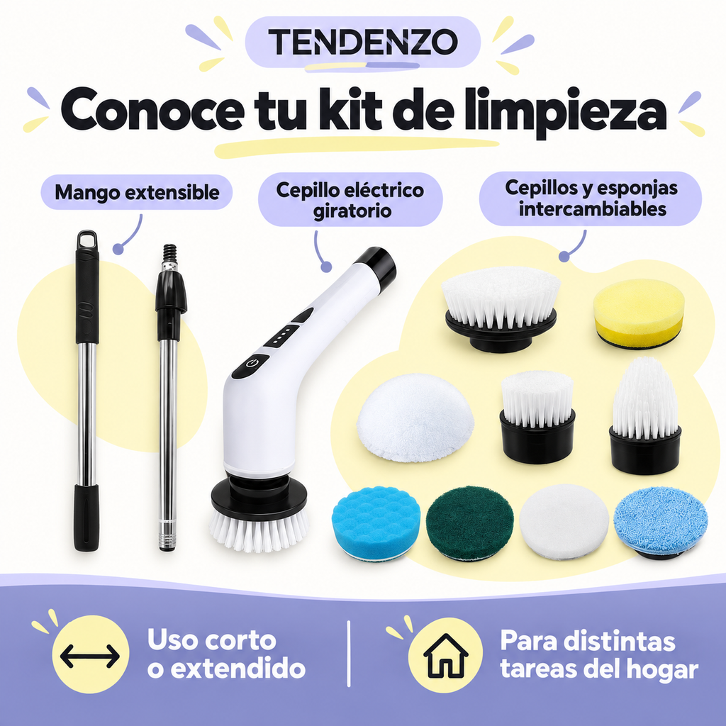 Contenido del kit de limpieza TENDENZO con cepillos y esponjas intercambiables
