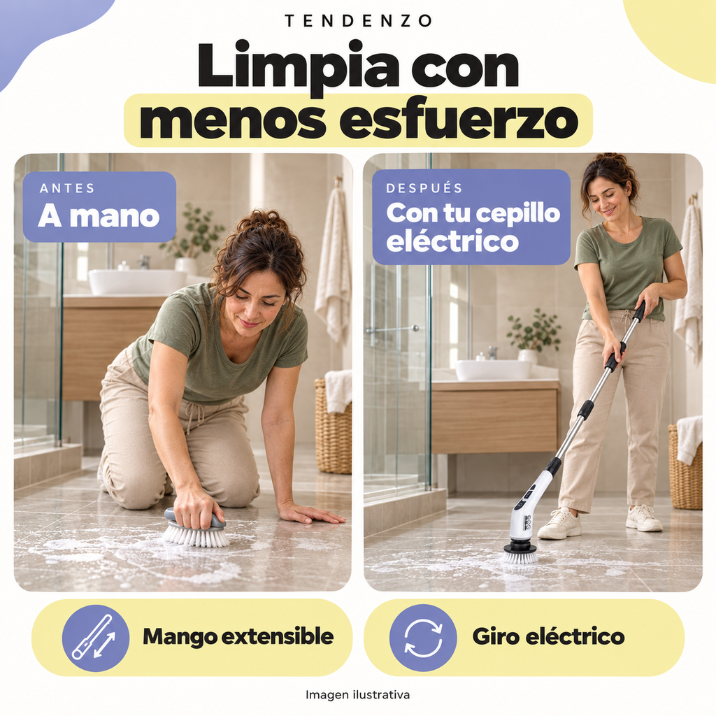 Comparación ilustrativa de limpieza manual y limpieza con cepillo eléctrico TENDENZO de mango extensible