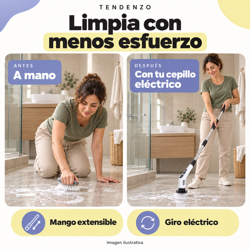 Comparación ilustrativa de limpieza manual y limpieza con cepillo eléctrico TENDENZO de mango extensible