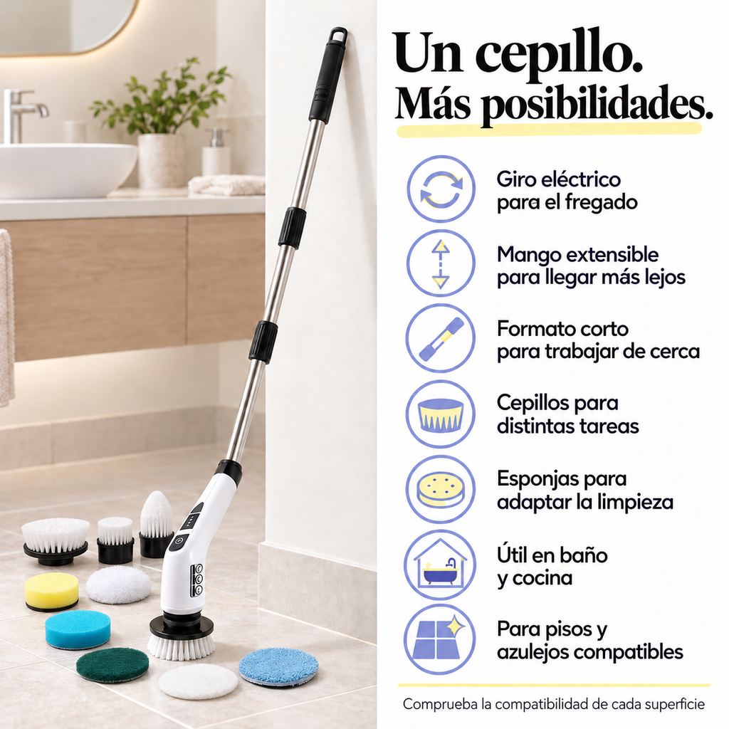 Cepillo eléctrico TENDENZO con mango extensible y accesorios intercambiables
