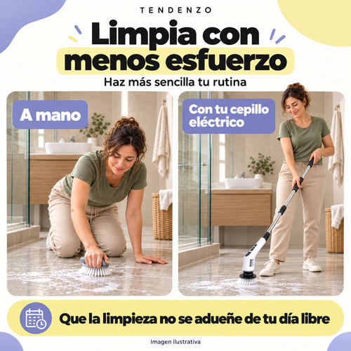 Comparación ilustrativa entre limpieza manual y cepillo eléctrico TENDENZO: limpia con menos esfuerzo