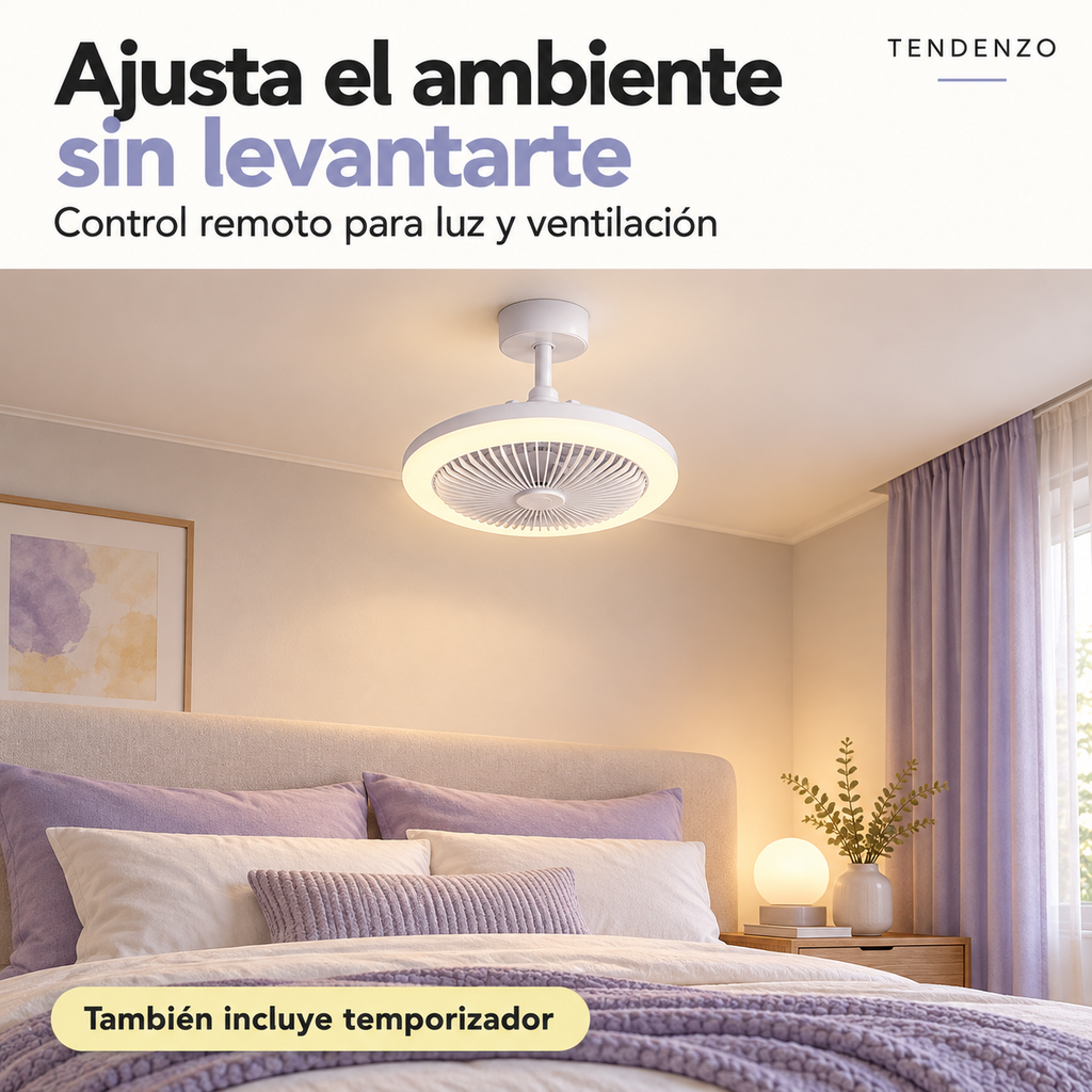 Lámpara con ventilador TENDENZO en dormitorio, con control remoto y temporizador