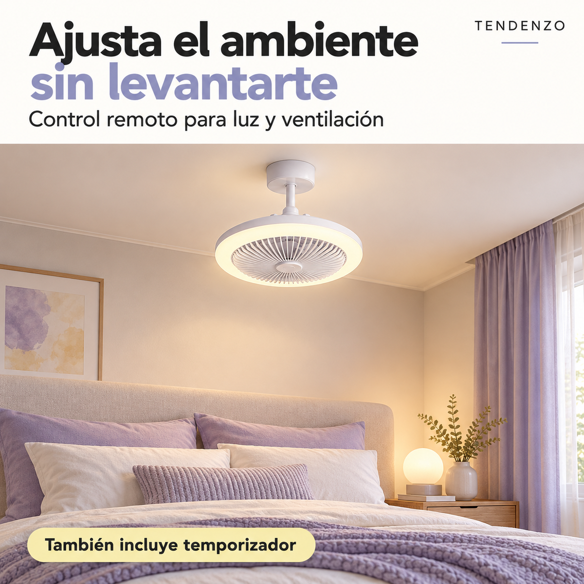 Lámpara con ventilador TENDENZO en dormitorio, con control remoto y temporizador