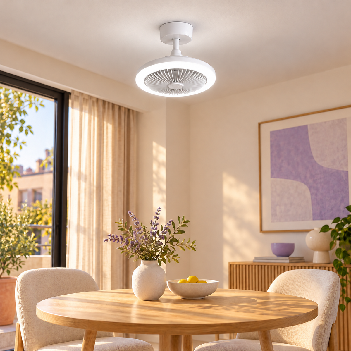 Lámpara con ventilador en comedor, luz neutra; escena ilustrativa
