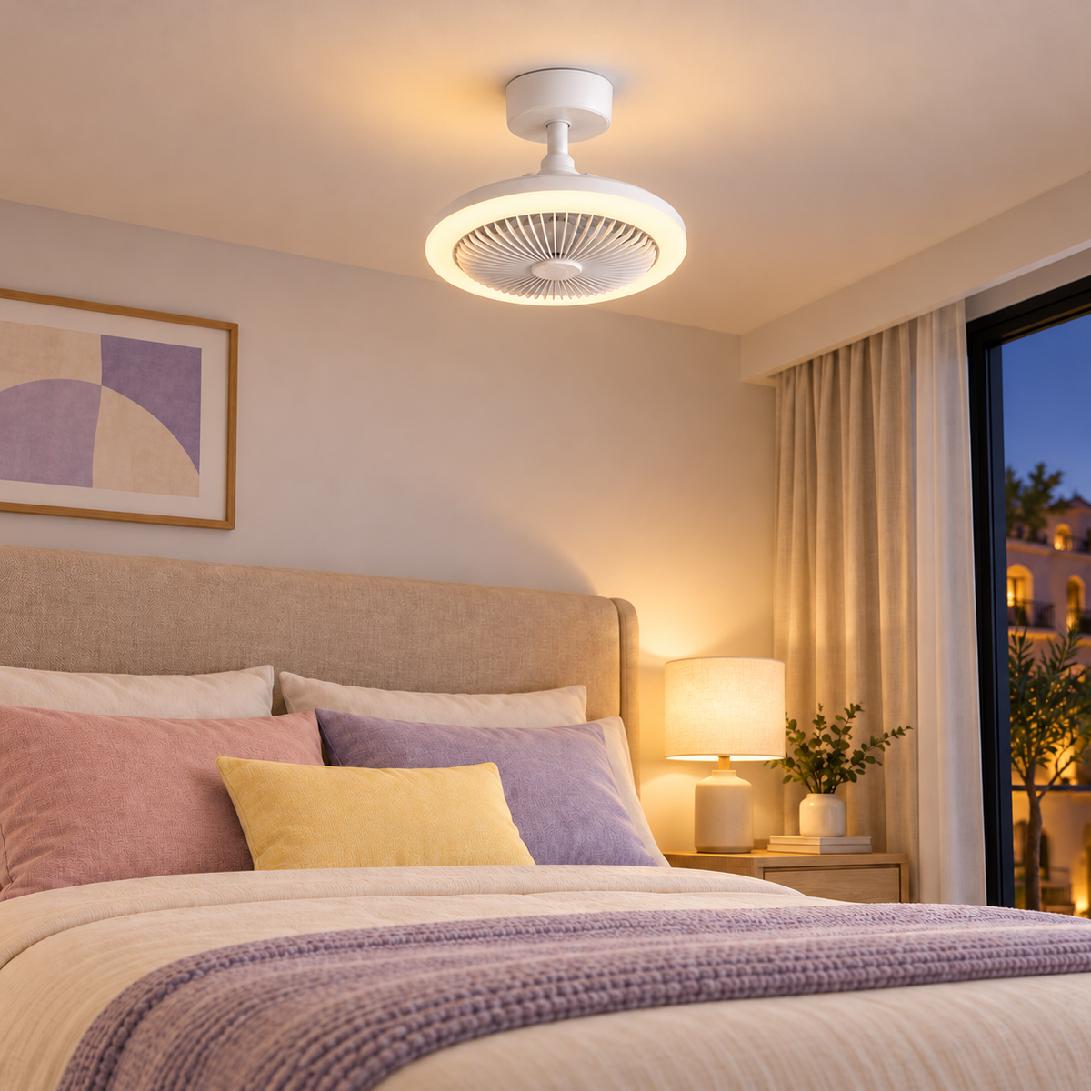 Lámpara con ventilador en cuarto, luz cálida; escena ilustrativa