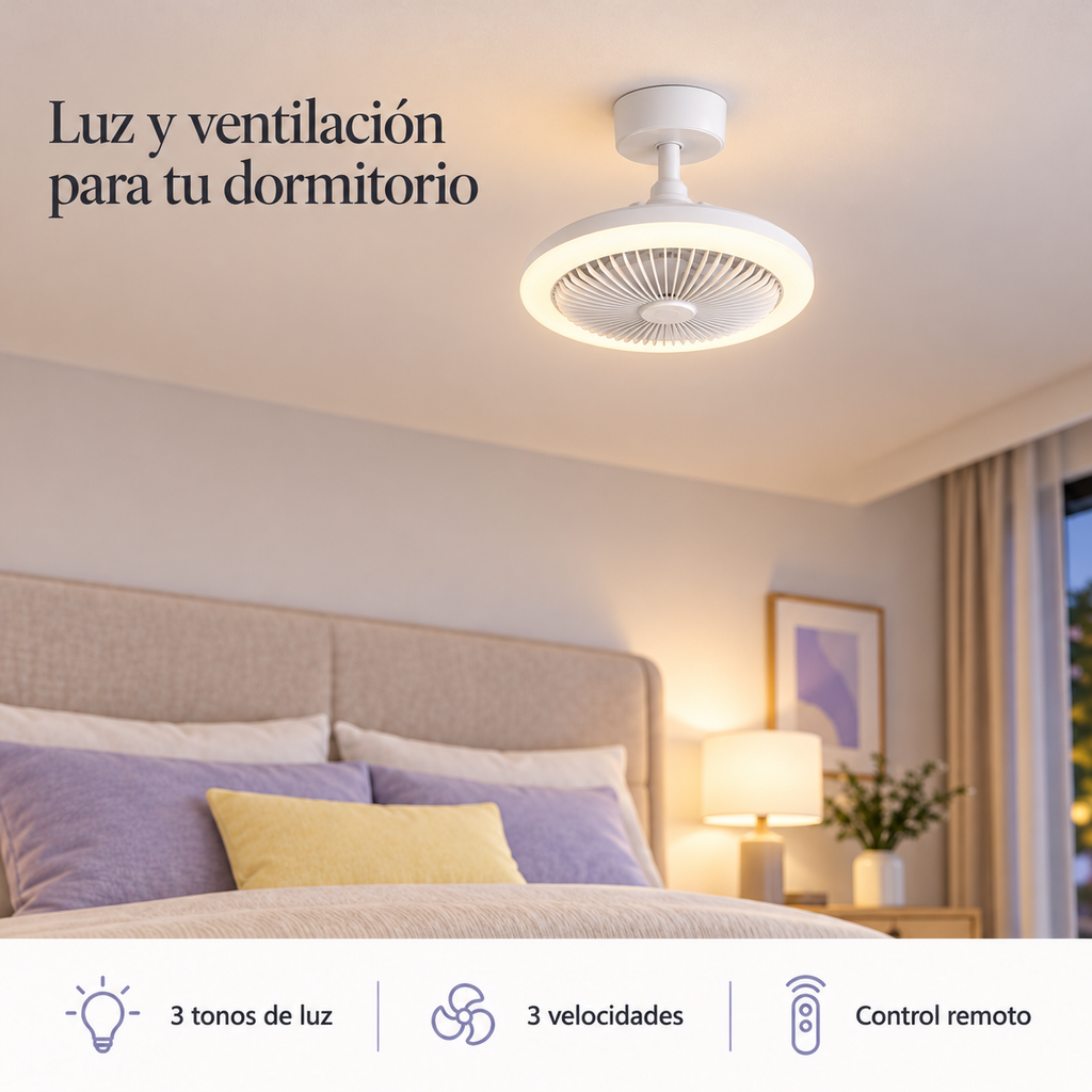 Lámpara con ventilador TENDENZO en dormitorio, con tres tonos de luz, tres velocidades y control remoto